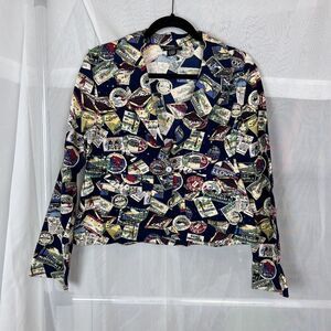 Vintage soho postcard/ stamp print novelty jacket sewuin 100% cotton M travel